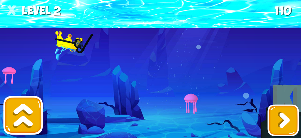 Minijuego submarino en la aplicación Burger King Jr Club con un personaje con corona y equipo de buceo.