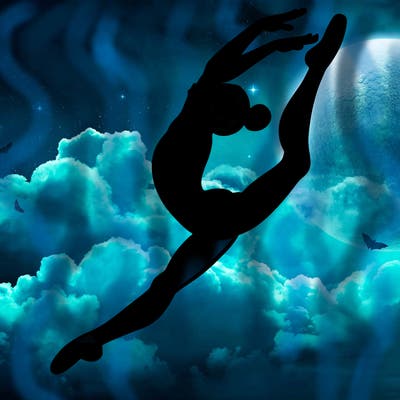 gymnast doing a leap in a leotard with a bent back leg