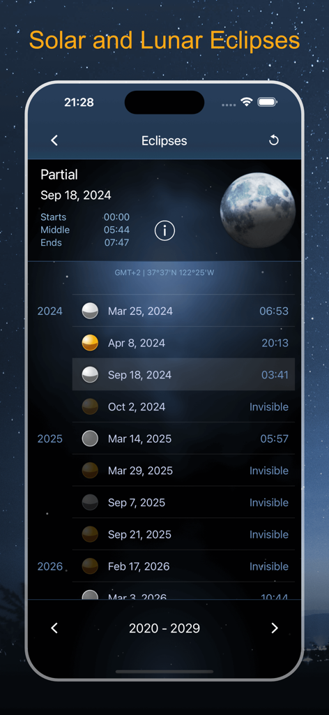 Deluxe Moon Pro • App & Widget - Solar and lunar eclipse calendar view in the Deluxe Moon Pro app.