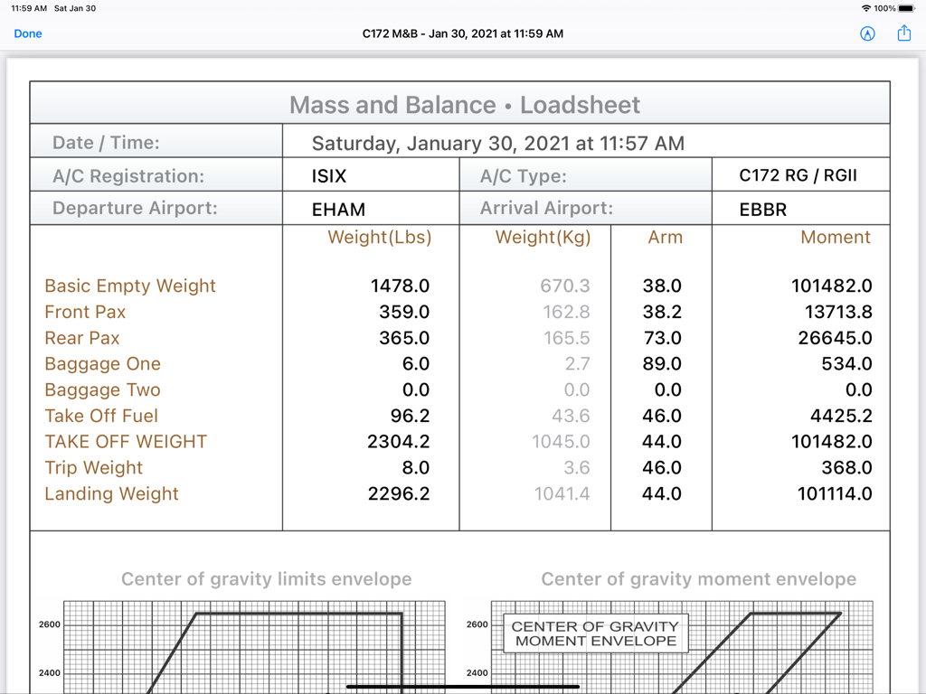 Professional mass and balance loadsheet for a Cessna 172 RG with weight data and center of gravity charts