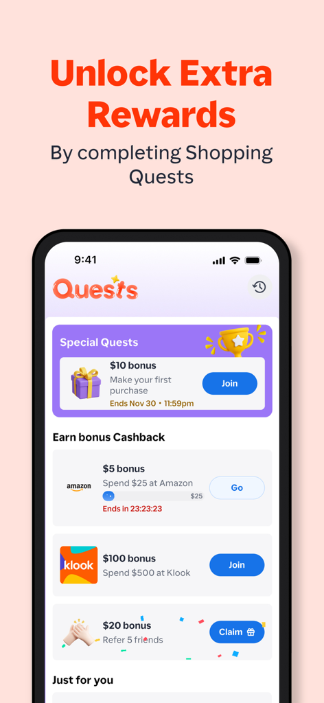 ShopBack: Cashback & Rewards - Interface do aplicativo ShopBack mostrando missões de compras e bônus de cashback extras