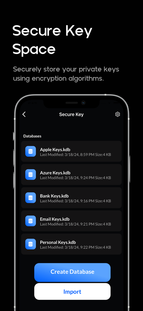 Easy Phone Cleaner Master - Secure Key Space interface in Easy Phone Cleaner Master app showing various encrypted database files for keys and passwords.