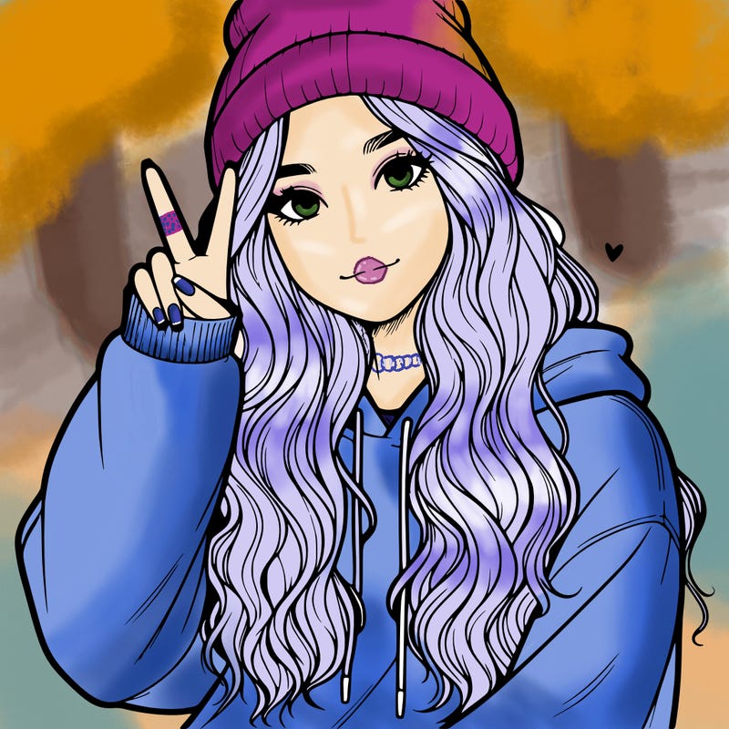 a teenage girl in a beanie, oversized sweatshirt, wavy long hair, and is showing a ✌️