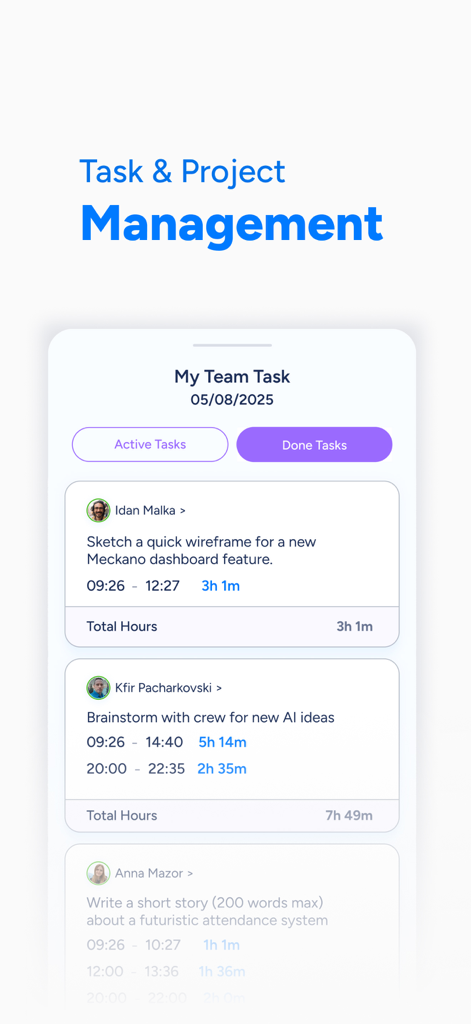Meckano app screen showing team task and project management with time tracking per employee