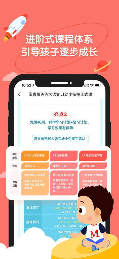 小小常爱学习 - Ein Screenshot der Little Chang Loves Learning App, die ihren progressiven Lehrplan für Kinder von 2 bis 8 Jahren zeigt