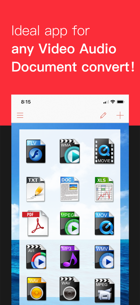 Interface of iConv app displaying icons for various video audio and document formats