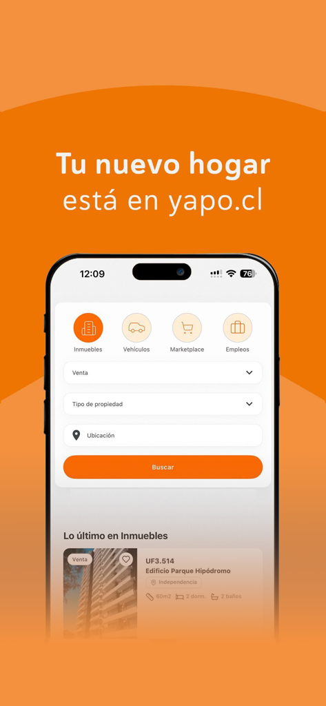Yapo.cl - Interfaz de la app móvil Yapo.cl mostrando filtros de búsqueda de bienes raíces y los últimos listados de propiedades en Chile