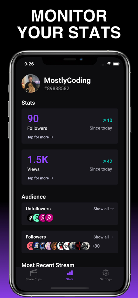 StreamKit - Edit Clips & Stats - Ein Screenshot des StreamKit-App-Dashboards, das das Profil eines Streamers mit Statistiken für Follower, Aufrufe und einen Unfollower-Tracker für das Publikum zeigt.