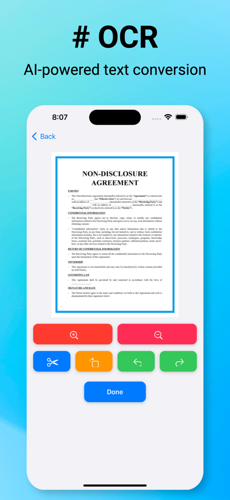 AI Image to Text OCR Scanner - Interfaz móvil de una aplicación OCR con IA escaneando un documento comercial con herramientas de edición