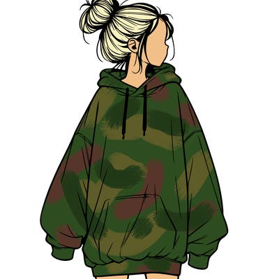 realistic girl with a oversized sweatshirt on and a bun