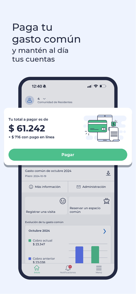 Interfaz de la app móvil ComunidadFeliz mostrando un aviso de pago para gastos comunes y un gráfico de gastos mensuales.
