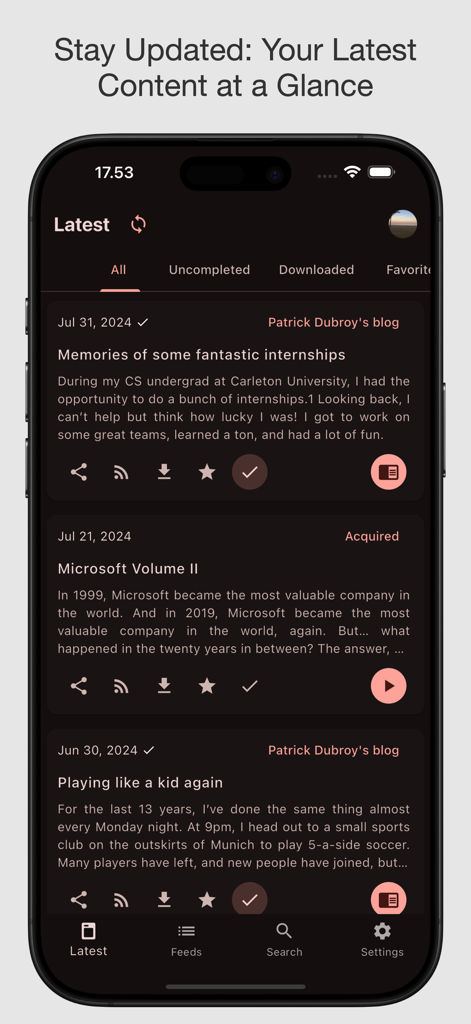 A interface do feed Mais Recentes do aplicativo Haps mostrando artigos e podcasts selecionados em um design limpo em modo escuro.