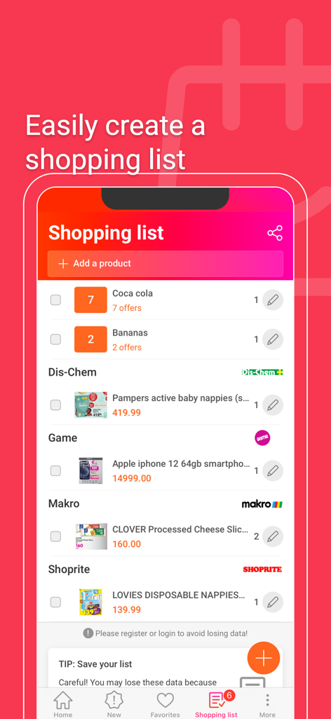 Eine digitale Einkaufsliste in der Cataloguespecials-App, die Produktangebote von verschiedenen Einzelhändlern anzeigt.