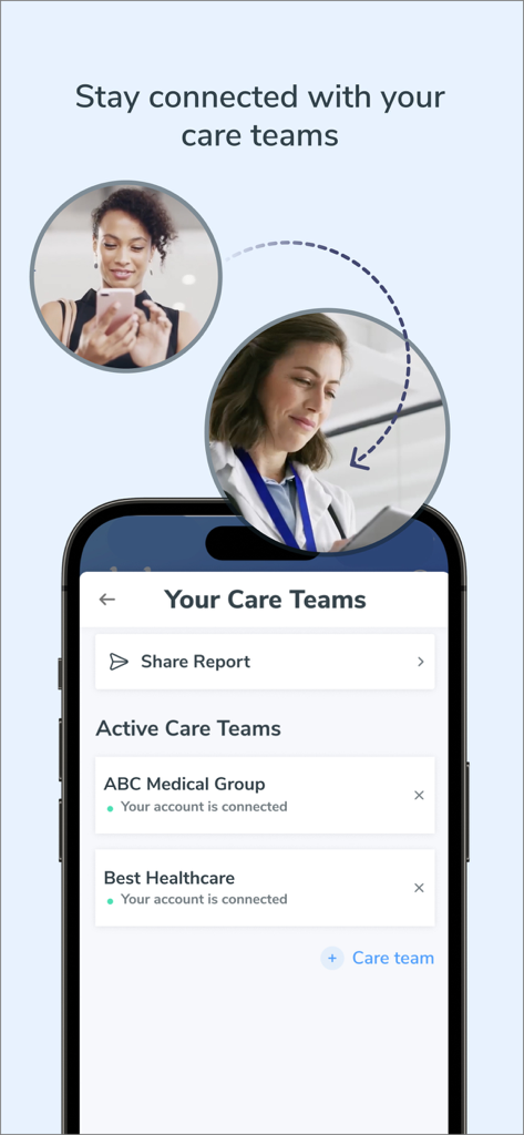 Glooko - Track Diabetes Data - Glooko app screen showing how users can stay connected and share health reports with their medical care teams