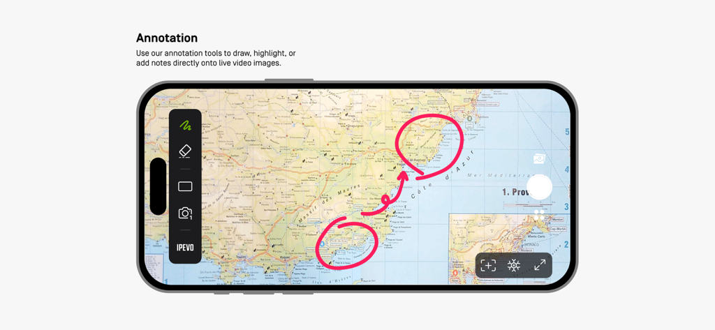 IPEVO Visualizer app showing live annotation tools used to mark a map during a presentation