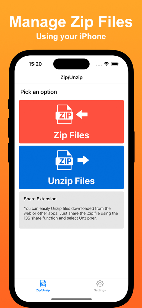Unzipper 앱 메인 화면, iPhone에 큰 빨간색 Zip Files 및 파란색 Unzip Files 버튼 표시