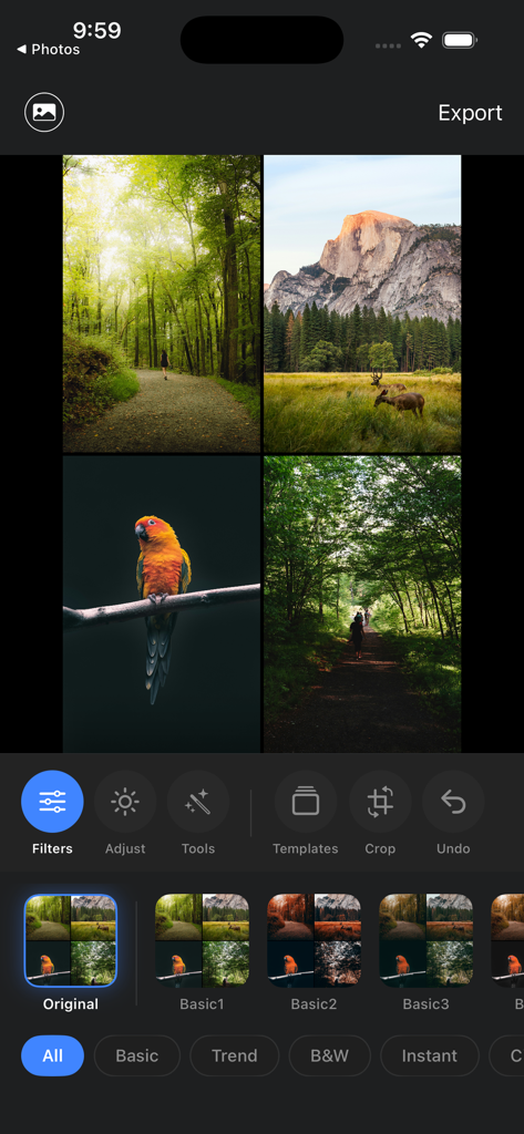Bloom Studio: Photo Editor App - Interface do editor de fotos Bloom Studio mostrando uma colagem de quatro fotos da natureza com várias predefinições de filtro e ferramentas de edição