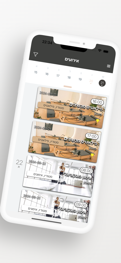 Mobile app screen displaying a list of scheduled Pilates and fitness classes for Move by Enas