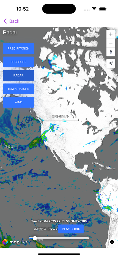 World Rain Radar - World Rain Radar app interface showing a Doppler precipitation map over North America