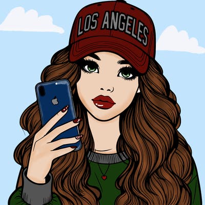 realistic beautiful girl wearing los ángeles cap holding an iphone