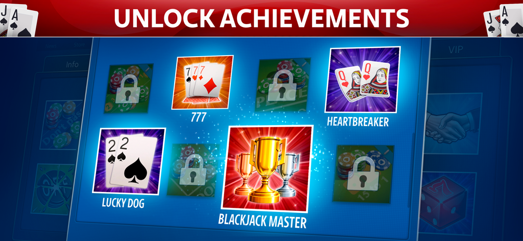 Unlockable achievements screen in Blackjack 21 Blackjackist showing badges like Blackjack Master and Lucky Dog