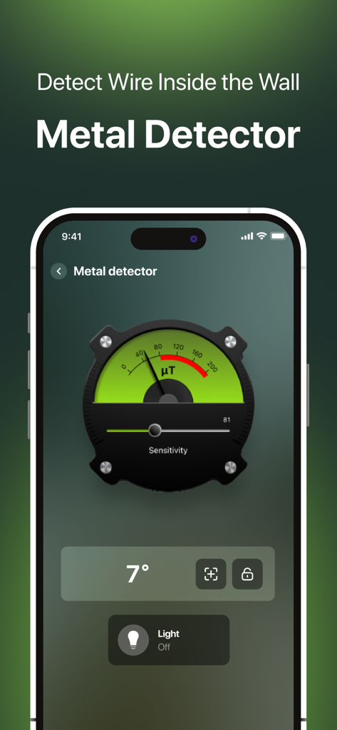 Bubble Level for iPhone - 壁のワイヤーを検出するための磁場ゲージと感度制御を示すiPhone用バブルレベルアプリの金属探知機機能のスクリーンショット