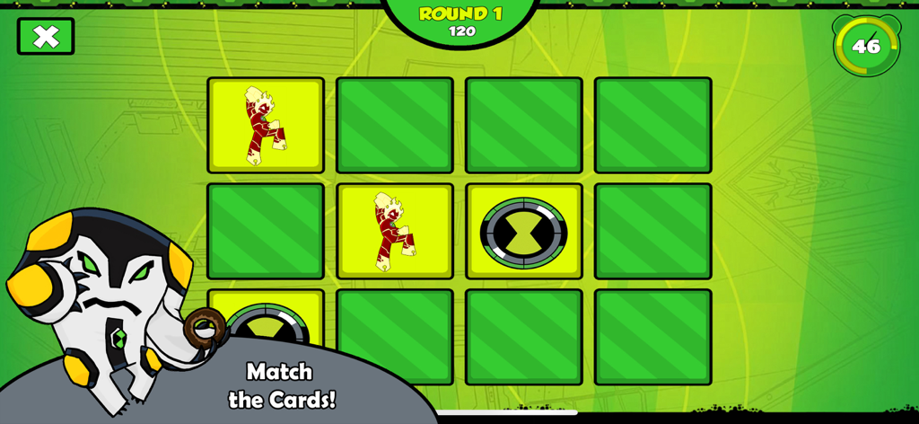 Ben Alien 10 Trivia - A memory matching puzzle screen from the Ben Alien 10 Trivia app featuring alien character cards on a green grid