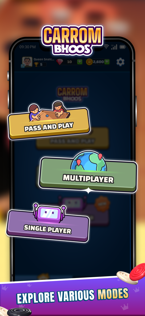 Carrom Board by Bhoos - Interfaz de la aplicación Carrom Board by Bhoos que muestra varios modos de juego, incluyendo pass and play, multijugador y un jugador.
