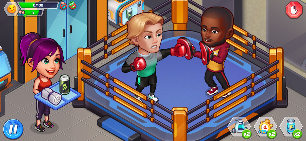 Happy Fitness: Gym Game - Happy Fitness Gym Gameで、エネルギー飲料を持つマネージャーと共にボクシングリングでトレーニングするキャラクター