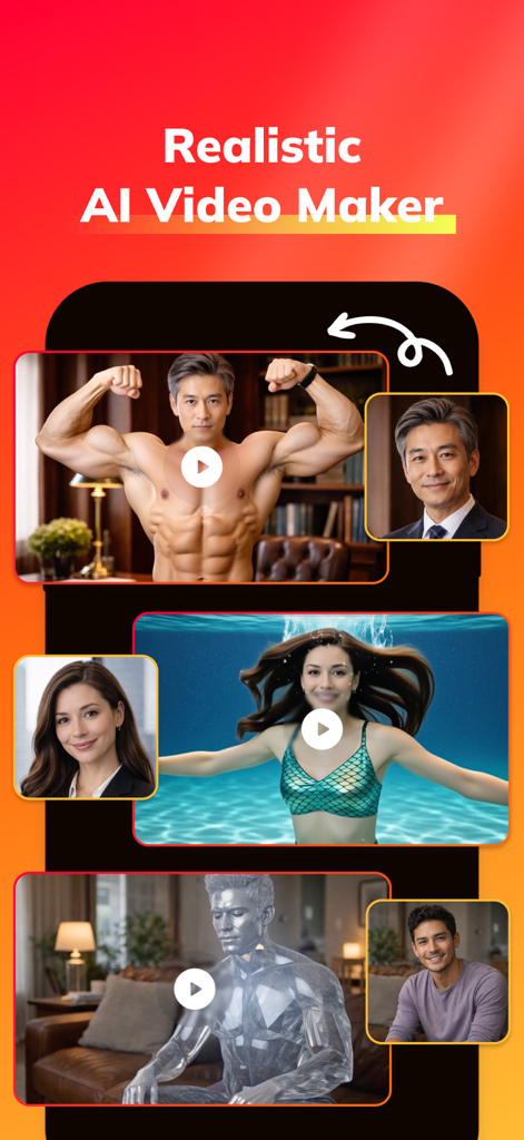 Morphio AI app interface showing realistic video transformations including face swaps into a bodybuilder mermaid and futuristic robot