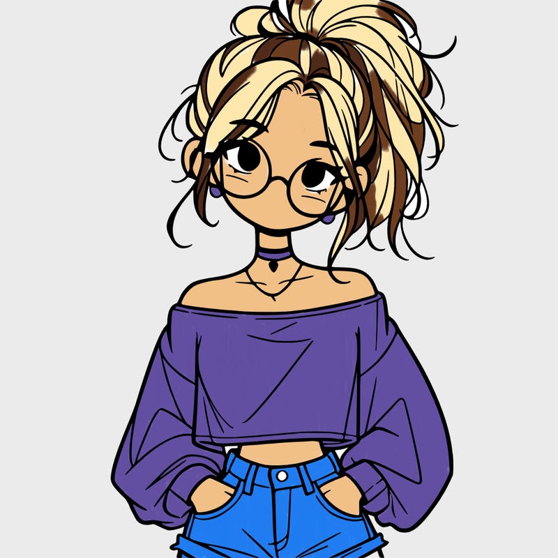 girl with a messy ponytail glasses a baggy crop top and jean shorts