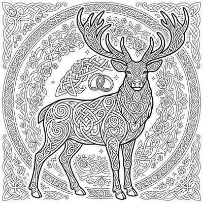 Discover a breathtaking coloring page featuring a majestic stag intricately crafted from Celtic knots, surrounded by delicate wedding-themed embellishments. This unique design beautifully blends ancient symbolism with a celebration of enduring love.