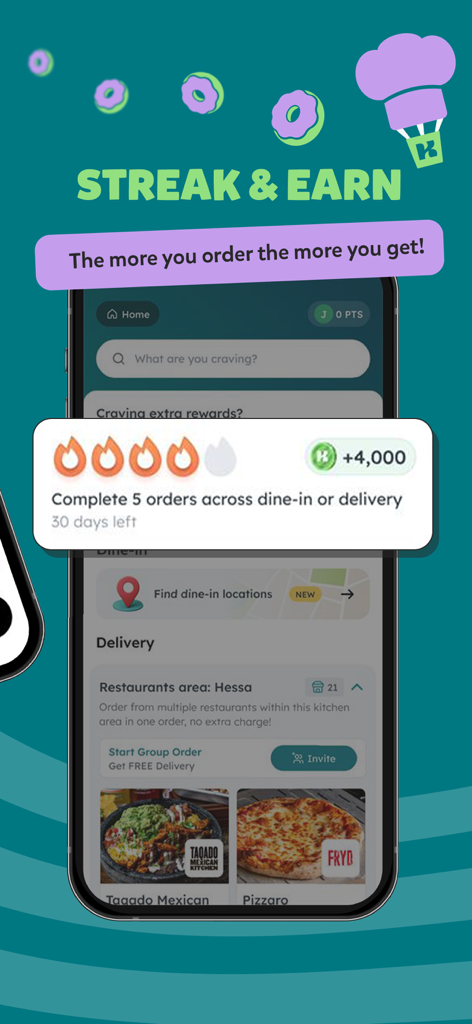 Kitopi - Interfaz de la aplicación móvil Kitopi que muestra la función de racha y recompensas por pedidos de comida.