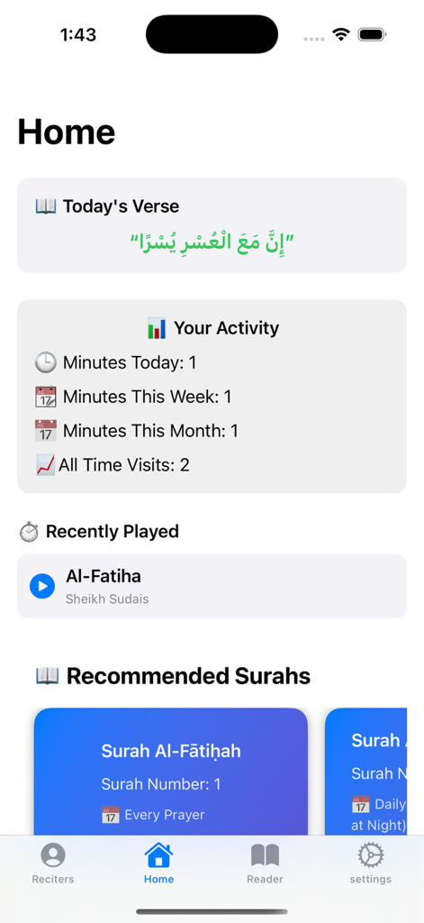 Startbildschirm der Al Quran Majeed App mit dem Vers des Tages und Statistiken zur Lesebereitschaft