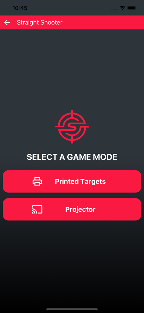 Straight Shooter app screen showing game mode selection with options for Printed Targets and Projector