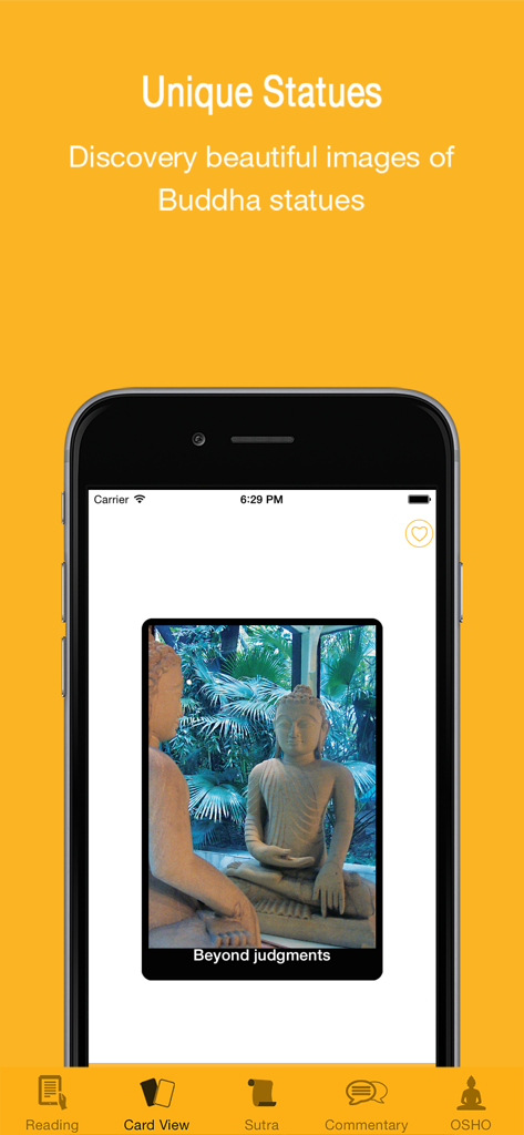 Discover the Buddha - Captura de tela do aplicativo Descubra o Buda mostrando uma carta de estátua de Buda meditativa com a legenda Além dos Julgamentos.