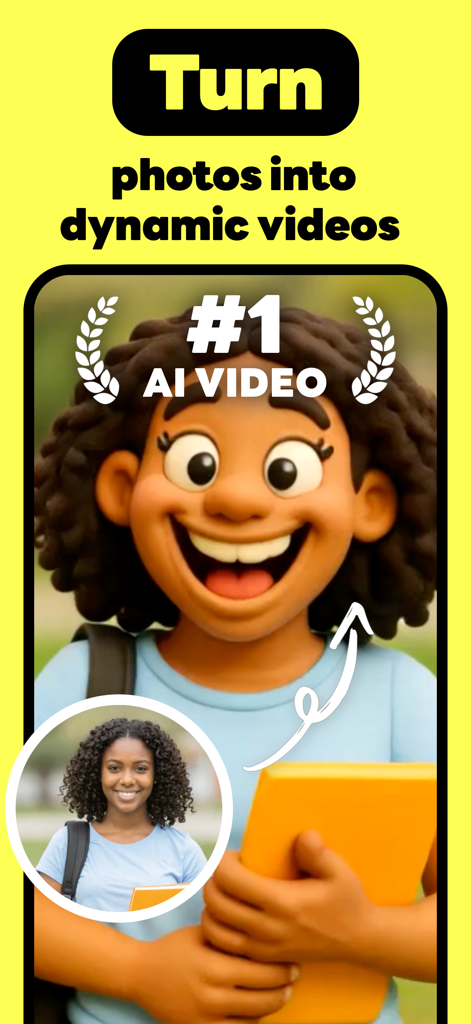 Pika Labs - AI Video - Une capture d'écran de l'application Pika Labs montrant la conversion d'une photo réelle en un personnage animé IA 3D dynamique