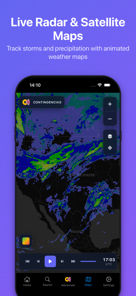 Contingencias - Una pantalla móvil que muestra el radar meteorológico en vivo y el mapa satelital con seguimiento animado de tormentas en la aplicación Contingencias.
