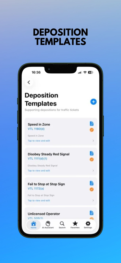 A screenshot of the NY VTL mobile app displaying a list of deposition templates for New York traffic violations like speeding and running red lights.