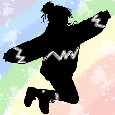 realistic girl jumping with a bun and oversized sweatshirt