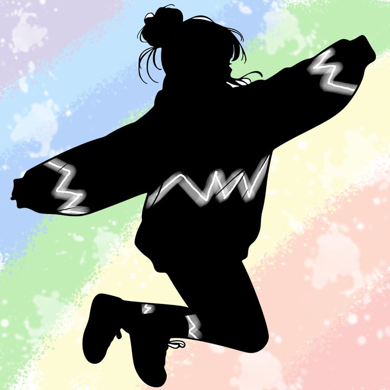 realistic girl jumping with a bun and oversized sweatshirt