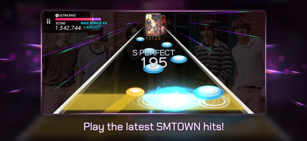 Gameplay screenshot of SUPERSTAR SMTOWN rhythm game featuring glowing notes and K-pop artist backgrounds