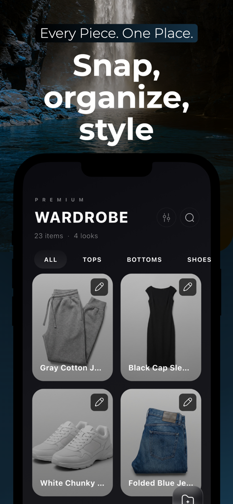 SELION.AI - SELION.AI app interface showing a premium digital wardrobe with categorized clothing items and editorial style photos