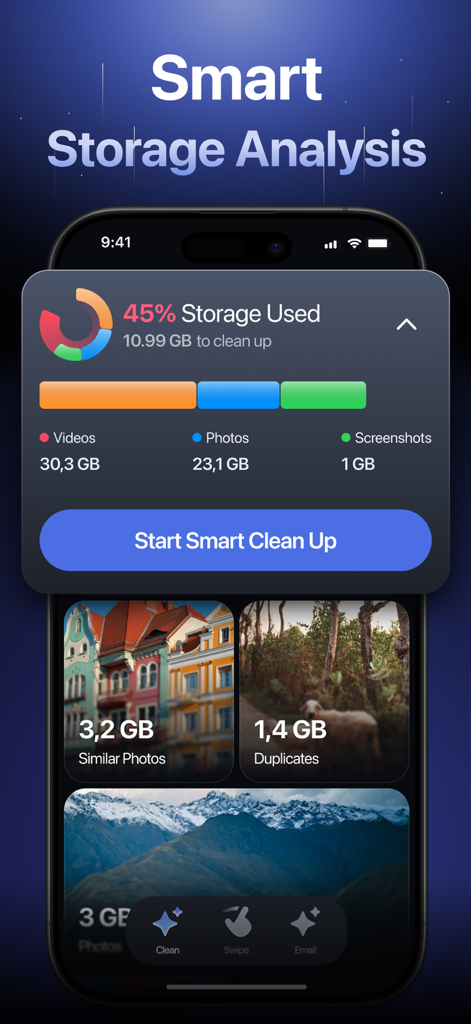 AI Phone Cleaner－Clean Storage - AI Phone Cleaner app interface showing smart storage analysis with breakdown of videos photos and screenshots