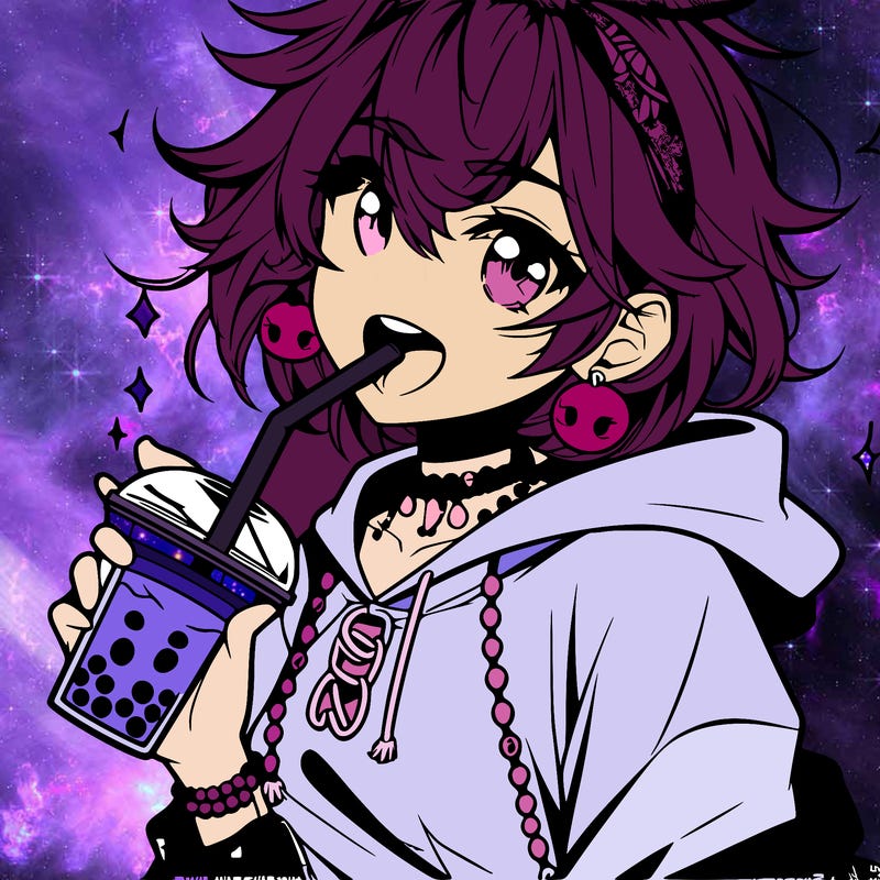 hot baddie anime girl drinking boba and biting the straw