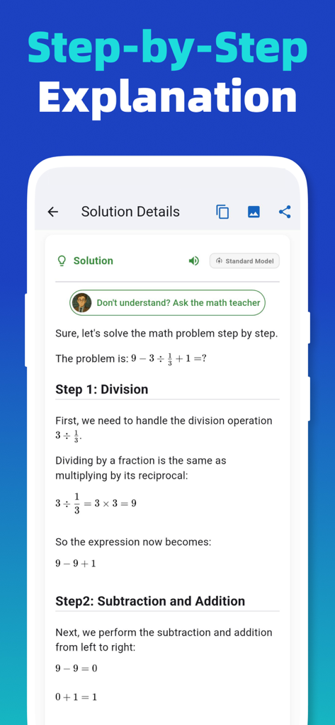 AI homework solver -photo math - A mobile screen showing a step by step math explanation for an equation in the AI homework solver app