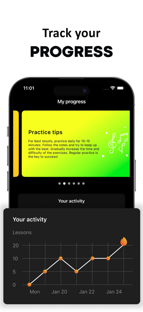 Rhythm Trainer - Ear Training - Rhythm Trainer app screen showing a progress chart and music practice tips