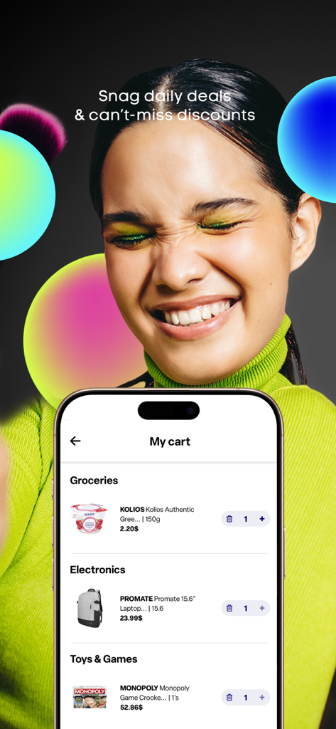 noknok - ONE TOUCH. - A smartphone showing the noknok app shopping cart with groceries and electronics below a daily deals headline