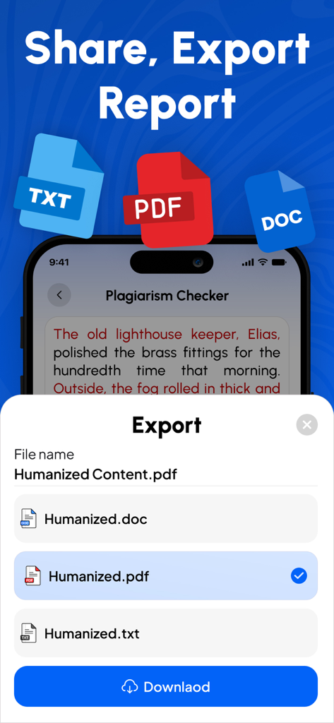 AI Detector, Humanize AI Text - Interface do aplicativo AI Detector mostrando opções para exportar e baixar texto humanizado em formatos PDF, DOC e TXT.