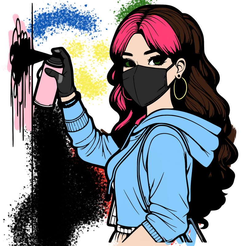 realistic girl with mask spray painting a wall